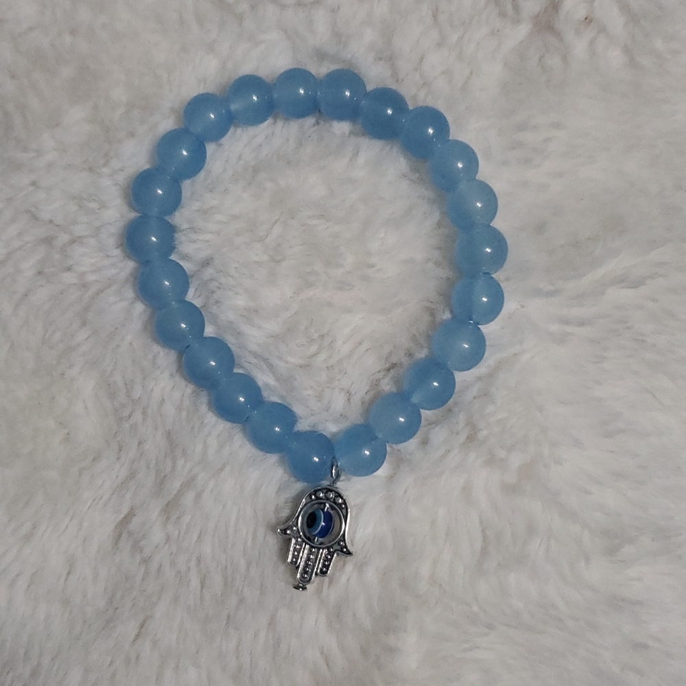 Blue Beaded Bracelet with Hamsa Charm